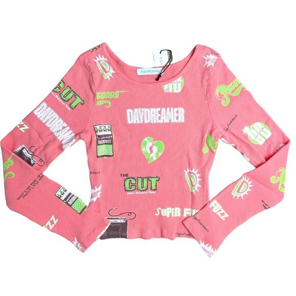 New! Daydreamer Womens Records Amplified Graphic Thermal Crop Top Pink Large NWT - Picture 3 of 14